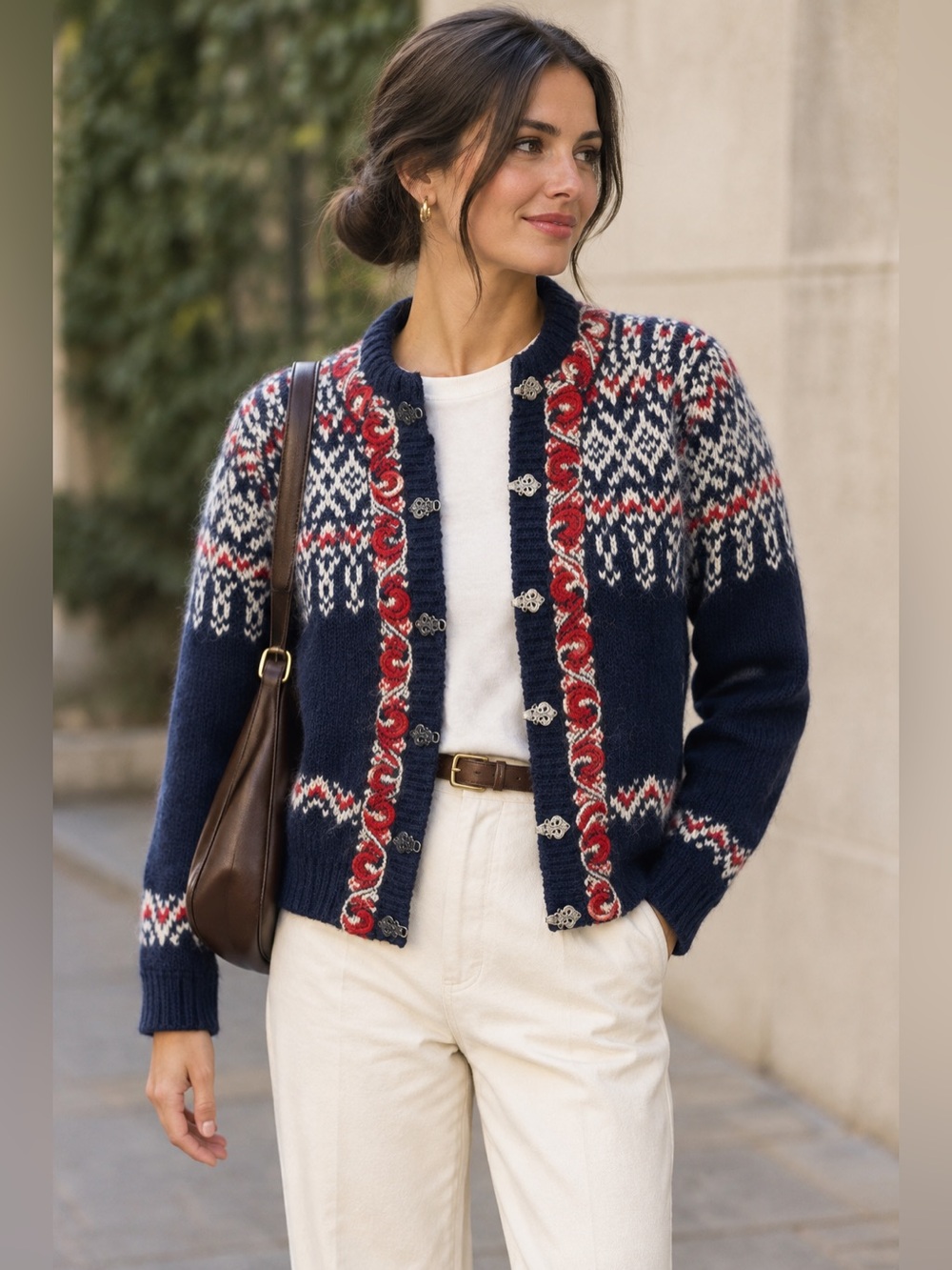Navy Vintage Devold Norwegian Cardigan with Red Trim - Women's Knit - Small